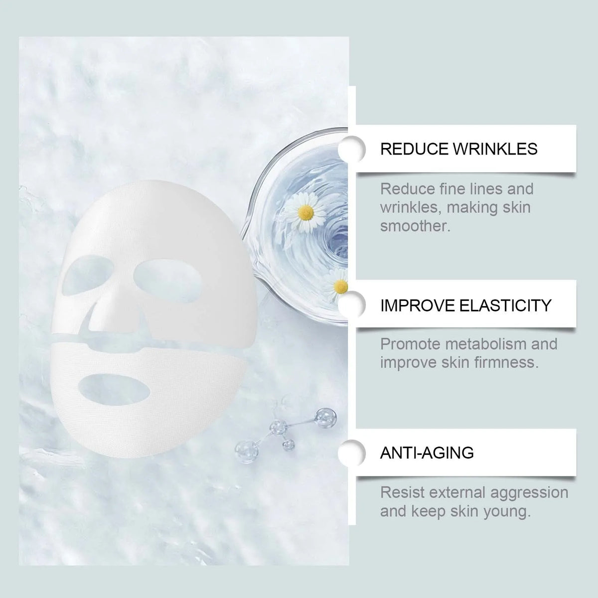 Skincare mask with text on a light gray background