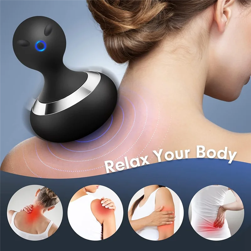 Black handheld massager on a person's neck with 'Relax Your Body' text and icons showing muscle tension.