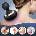 Black handheld massager on a person's neck with 'Relax Your Body' text and icons showing muscle tension.