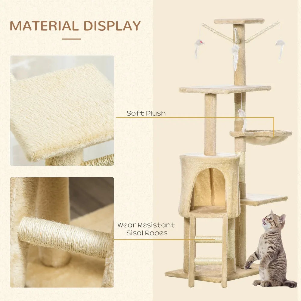 Cat tree with soft plush and wear-resistant sisal ropes, featuring a cat sitting on it.
