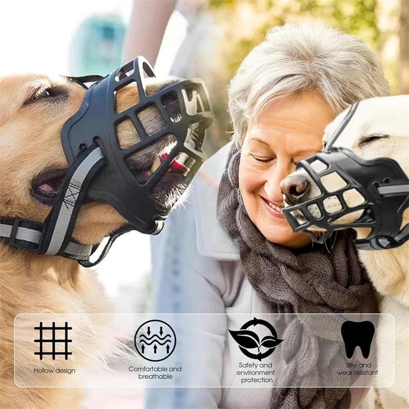 Two dogs wearing muzzles with a person petting them outdoors, featuring product icons and text.