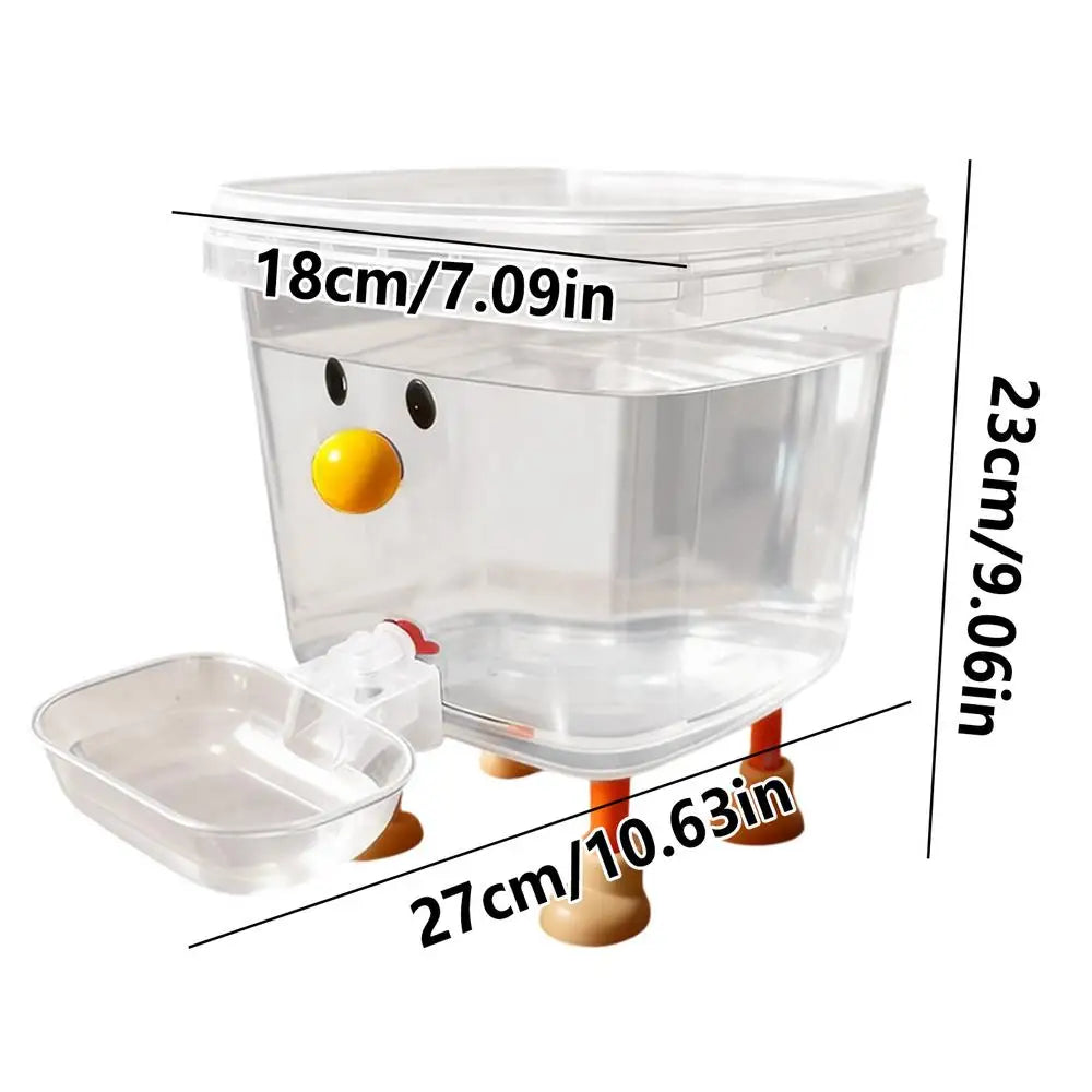 Clear plastic container shaped like a duck with measurements on a white background