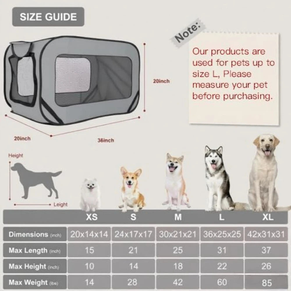 Pet carrier size guide with dimensions and dog illustrations