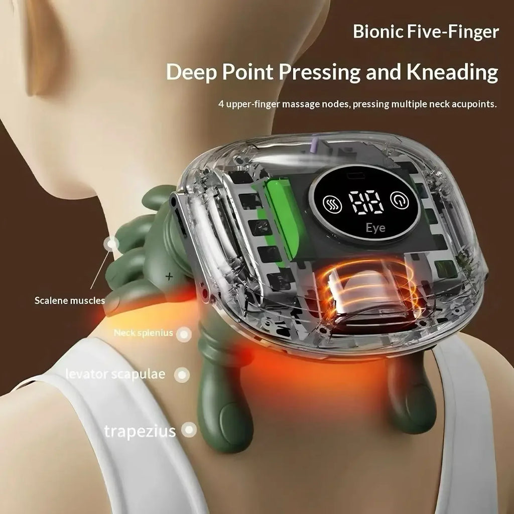 Massage device on a mannequin neck with labeled muscles and text about bionic five-finger massage.