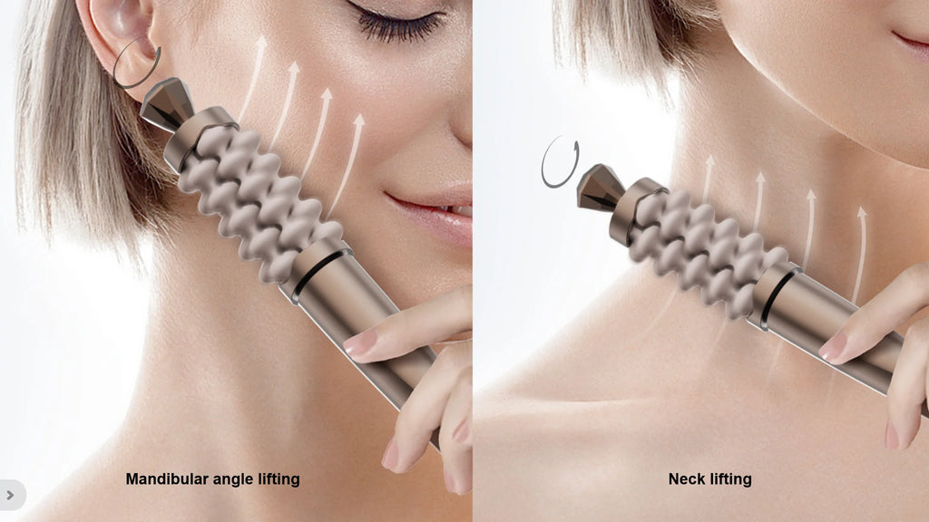 Woman using a neck lifting device on her neck with close-up views.