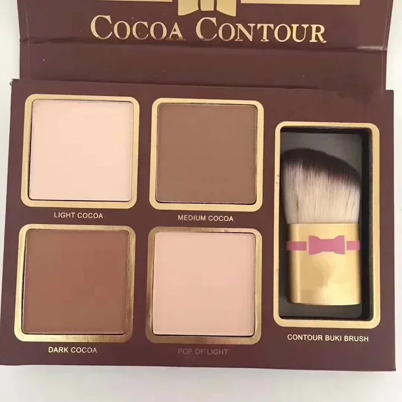 Cocoa contour palette with four shades and a brush on a white background
