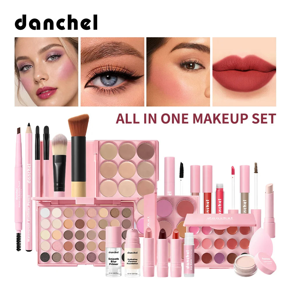 Danchel makeup set with various products including brushes and palettes on a white background.