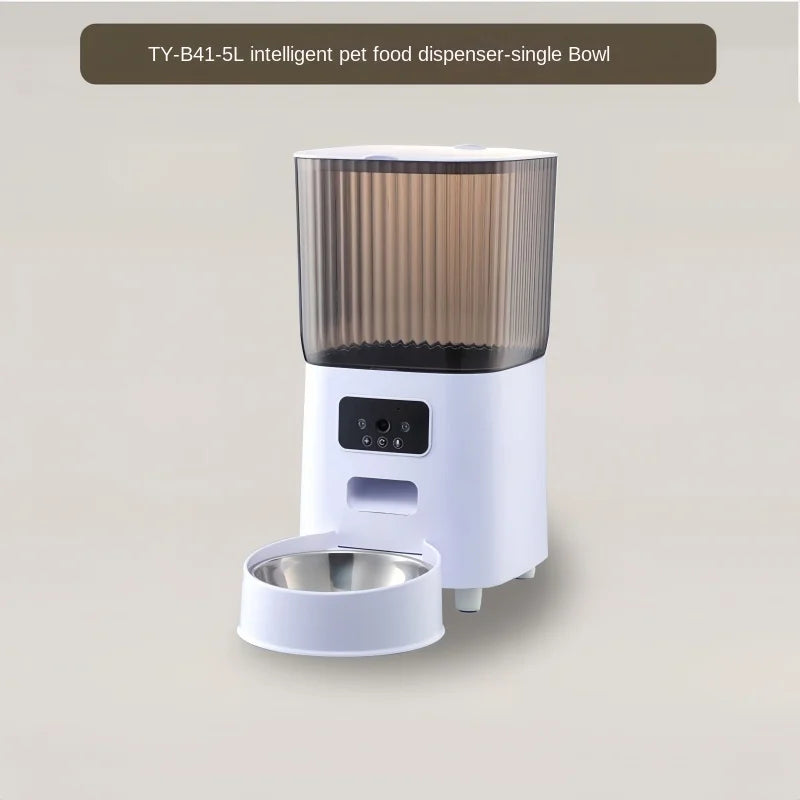 Intelligent pet food dispenser with a single bowl on a beige background