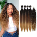 Woman with styled hair next to hair extensions on a white background