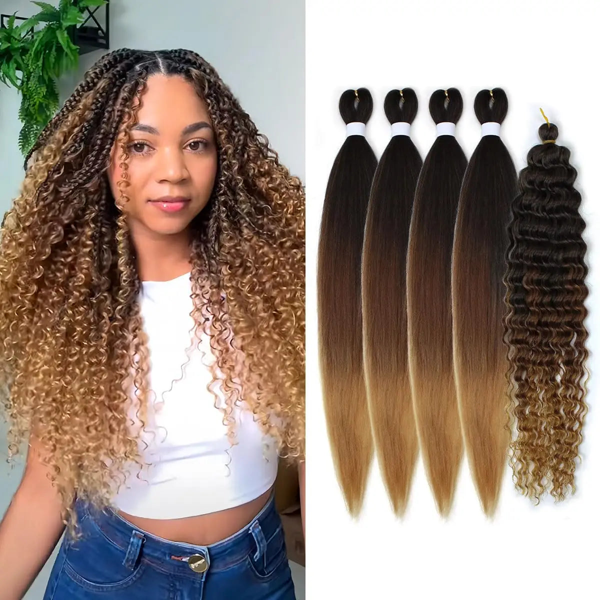 Woman with styled hair next to hair extensions on a white background