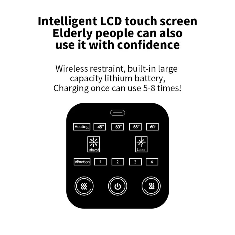 Control panel with LCD touch screen and text about its features on a white background