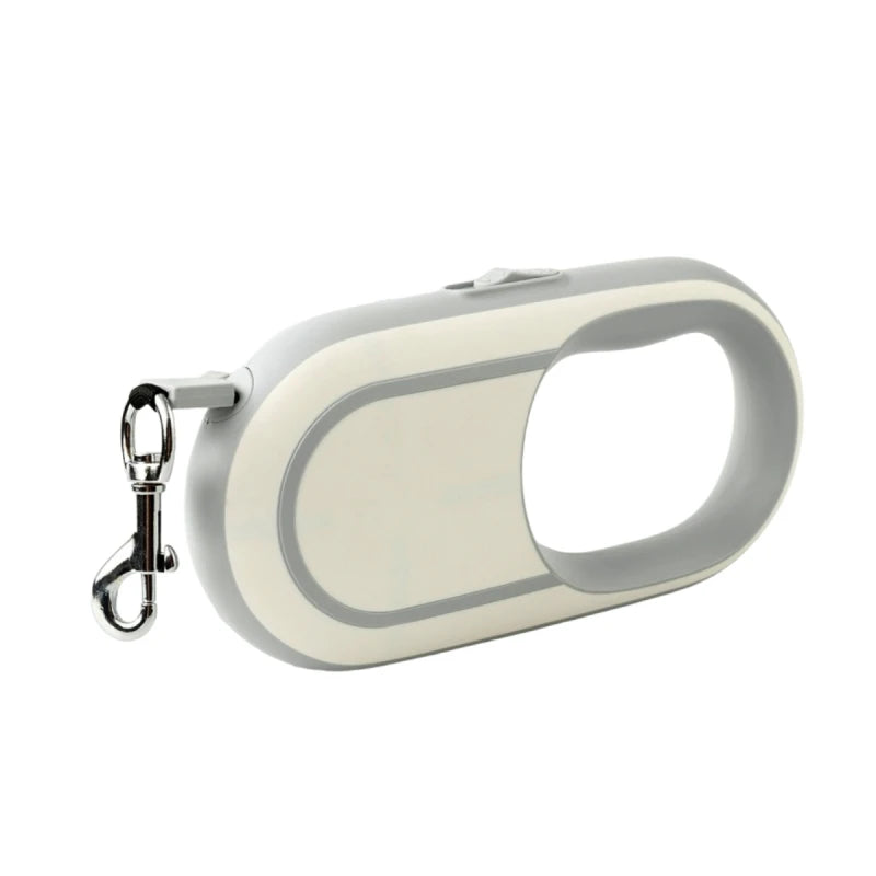 White and gray pet leash with a clip on a white background