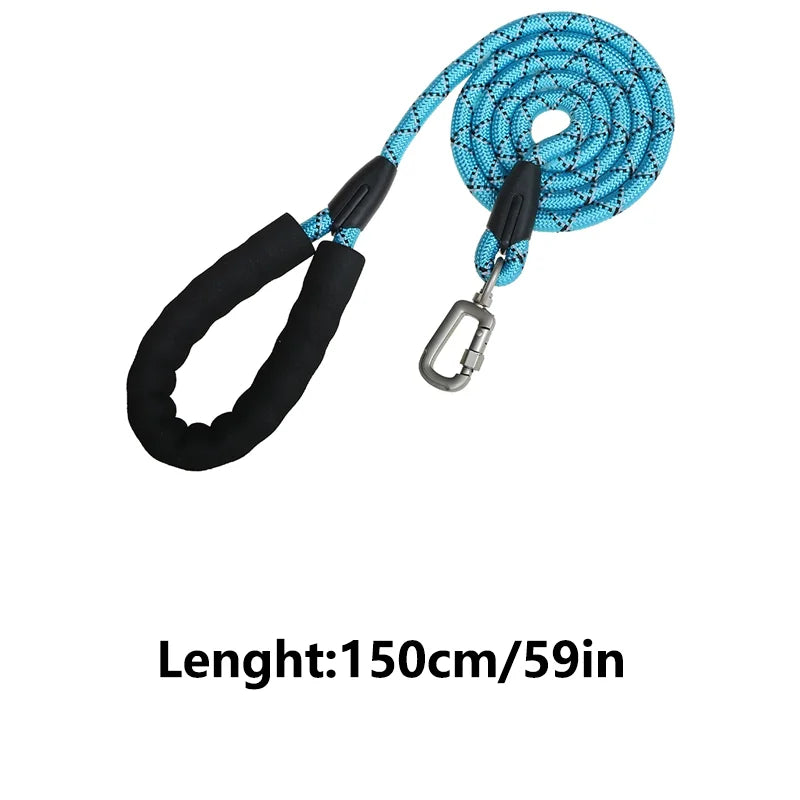 A coiled blue and black patterned rope leash with black foam handles and a silver metal carabiner, shown on a white background with the text 'Lenght:150cm/59in' below.
