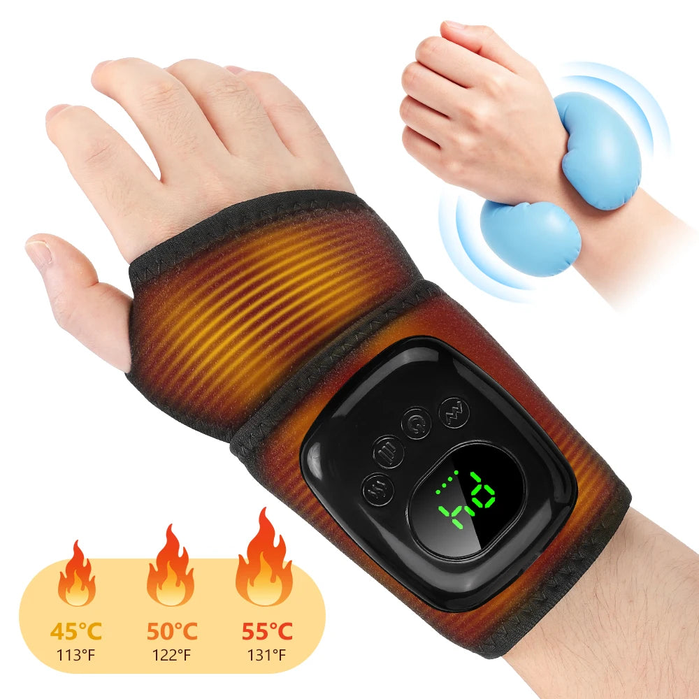 A wrist and hand heating pad shown worn on a person's wrist, with a second inset showing blue cooling pads on a hand. The main product is a warmable wrist brace with a black control panel and a brown-to-orange gradient heating effect, plus temperature icons at the bottom.
