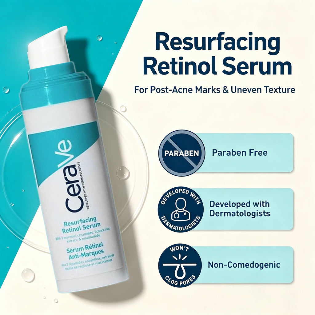 CeraVe Resurfacing Retinol Serum bottle shown on a clean graphic background with text callouts for paraben-free, dermatologist-developed, and non-comedogenic benefits.