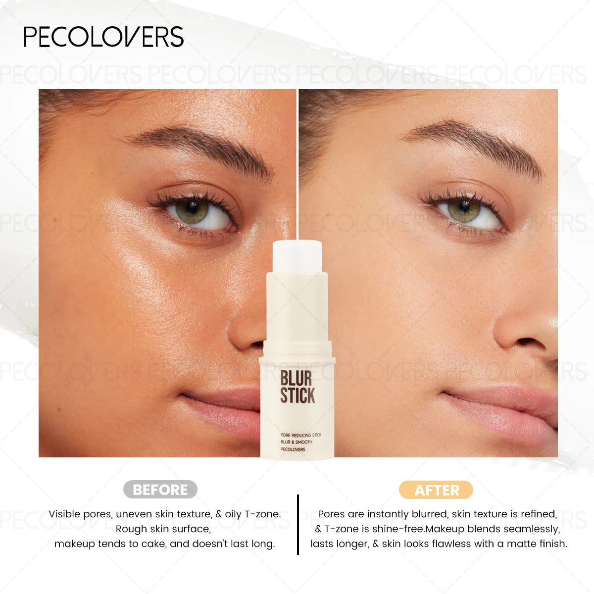 Before and after comparison of a woman's face using a PECOLOVERS Blur Stick, highlighting skin texture improvement.
