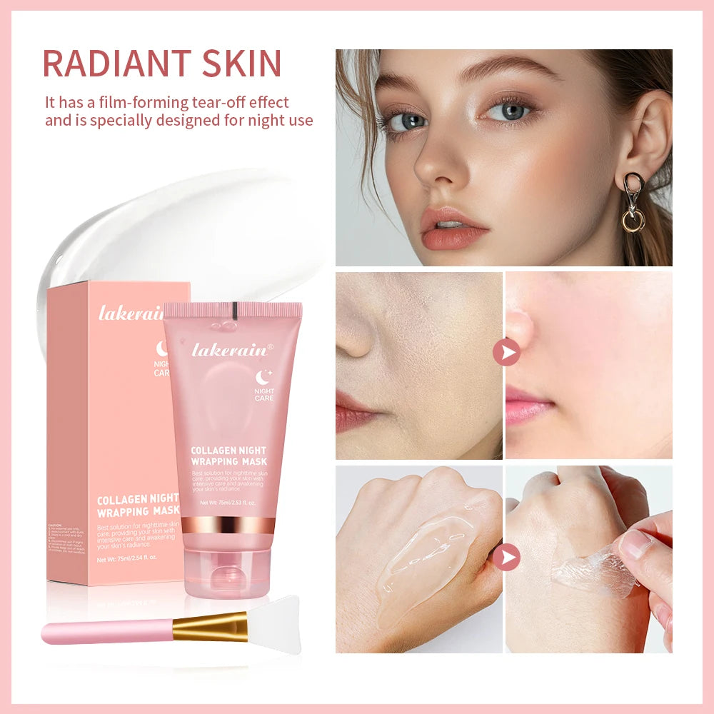 Lakerain Collagen Night Wrapping Mask with packaging, application on skin, and close-up of face.