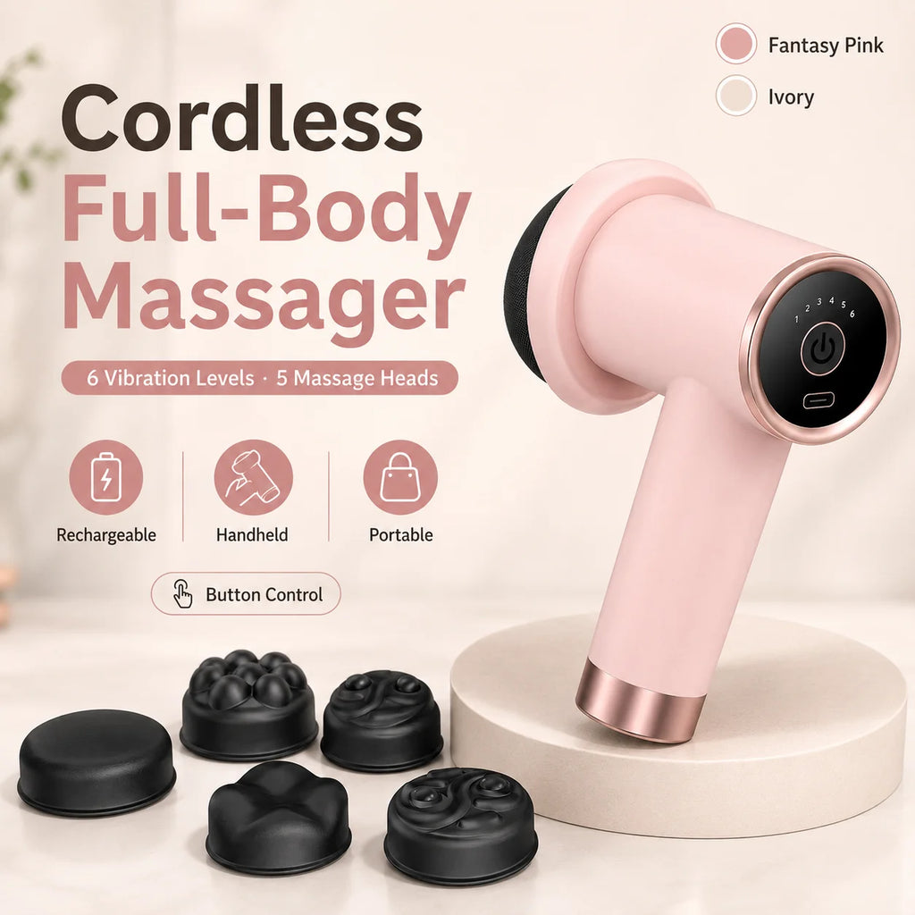 Cordless full-body massager in fantasy pink with rose gold accents, shown on a white pedestal with five black massage heads and promotional text on a light beige background.