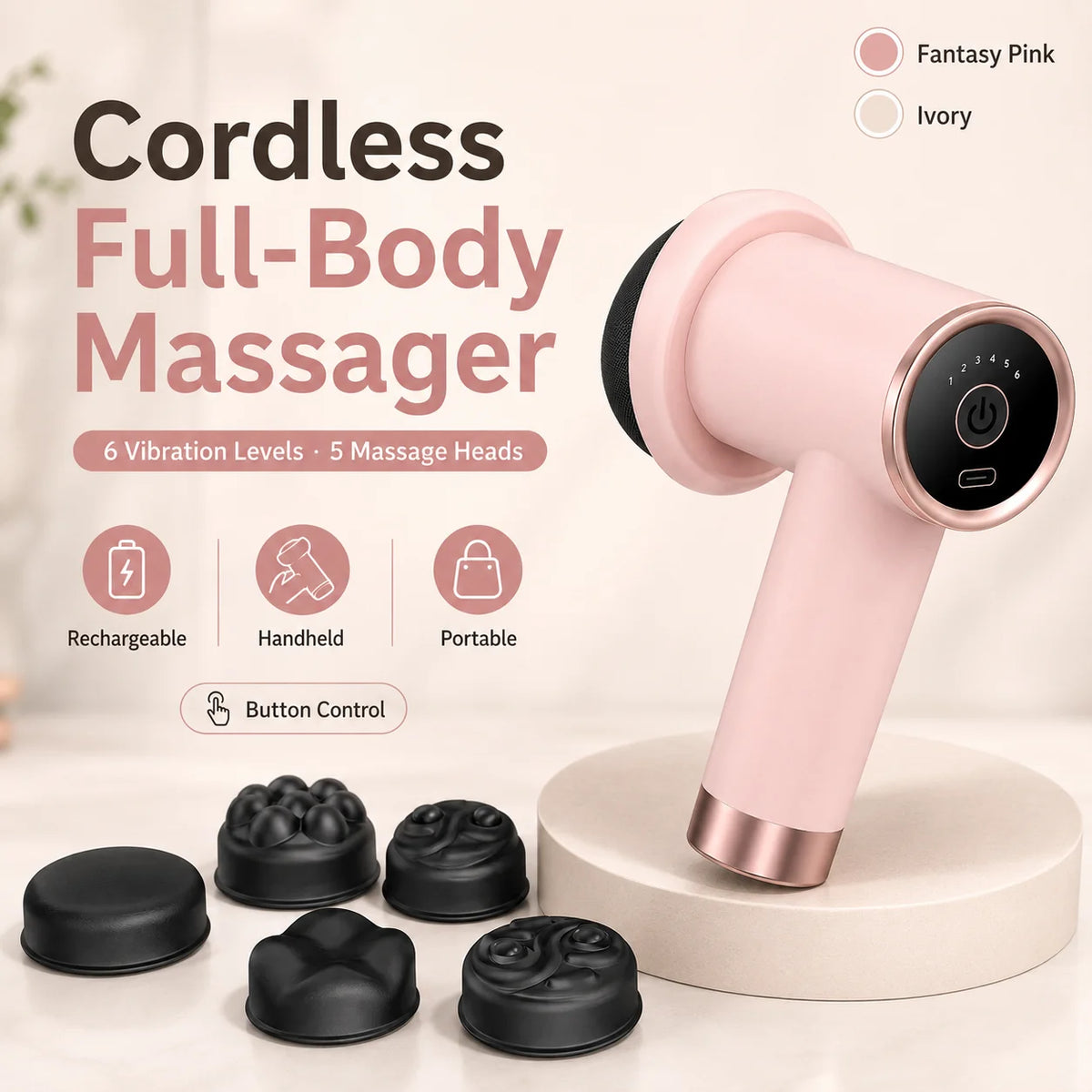 Cordless full-body massager in fantasy pink with rose gold accents, shown on a white pedestal with five black massage heads and promotional text on a light beige background.