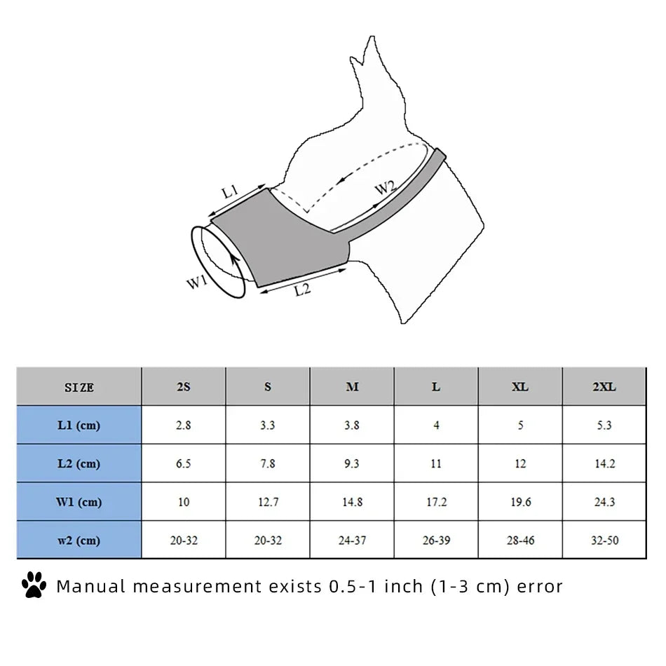 Measurement chart for dog collars with diagram and size guide.