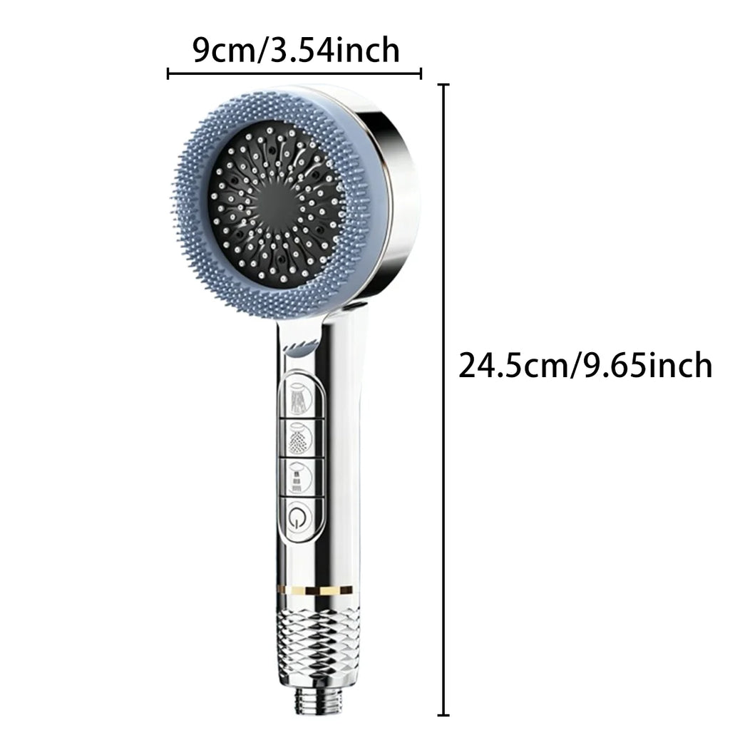 A handheld shower head with dimension annotations showing a width of 9cm (3.54 inches) and a height of 24.