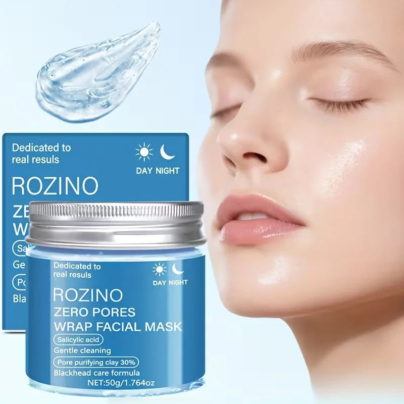 Rozino Zero Pores Wrap Facial Mask with packaging and a close-up of a woman's face.