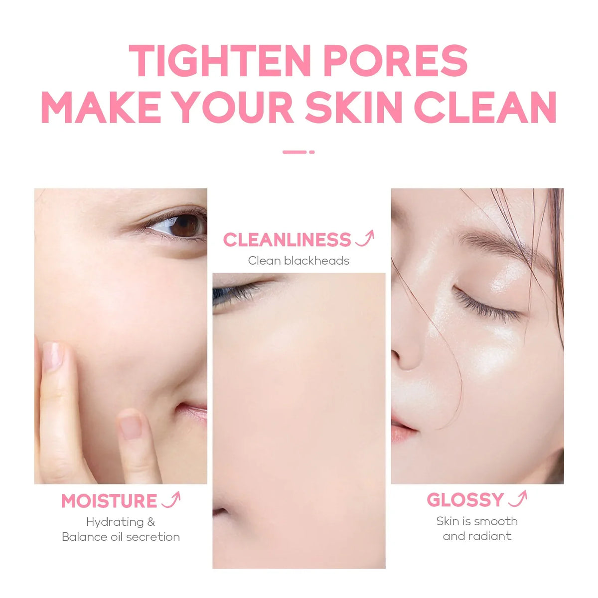 Advertisement for skincare products with text 'Tighten Pores Make Your Skin Clean' and images of a woman's face.