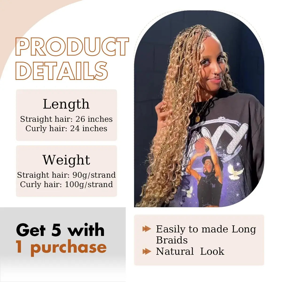 Promotional graphic for long curly braids, showing a woman wearing the braids on the right and product details on the left, including length, weight, and purchase offer text.