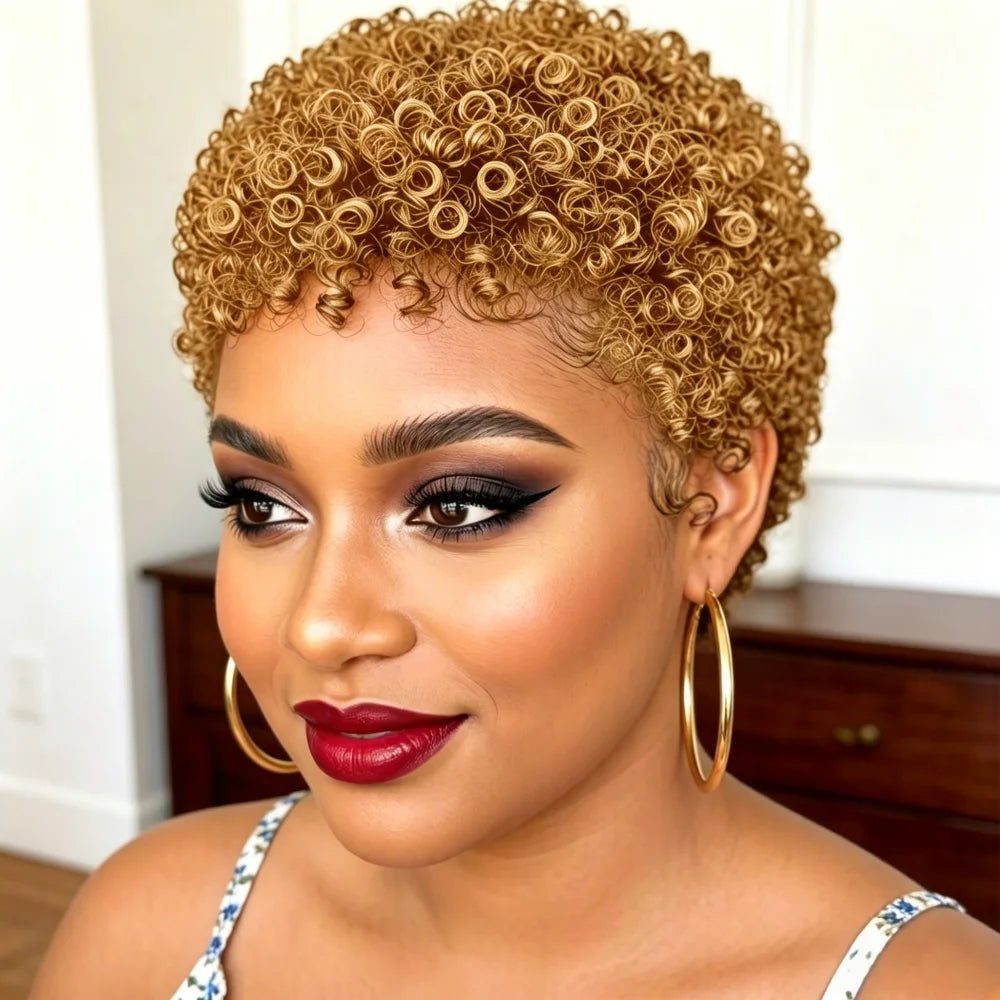 A close-up portrait of a woman with a short, tightly curled wig in a warm golden-blonde shade. She is wearing large gold hoop earrings, red lipstick, and black eye makeup, with a soft-focus indoor background showing a wooden cabinet.