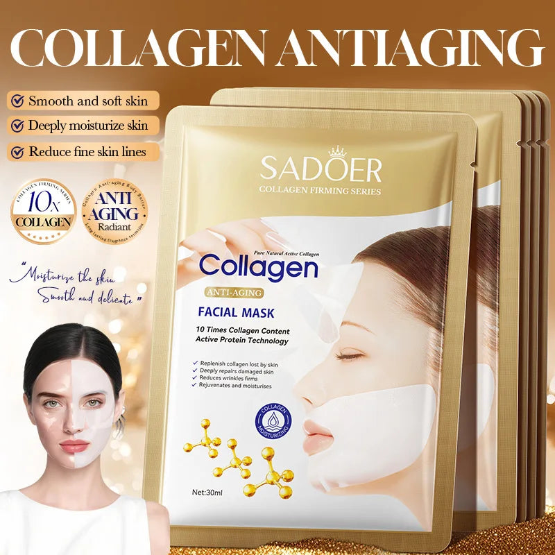 Sadoer collagen anti-aging facial mask packaging with a woman wearing the mask.