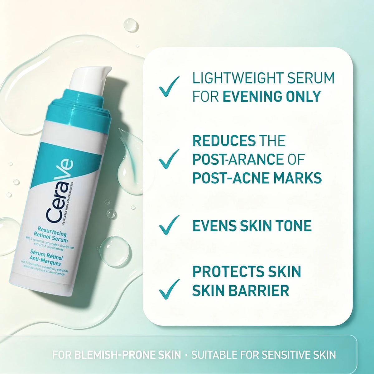 CeraVe Brightening Retinol Serum bottle shown on a pale teal and white background with a large text panel listing benefits: lightweight serum for evening only, reduces post-acne marks, evens skin tone, and protects skin barrier.