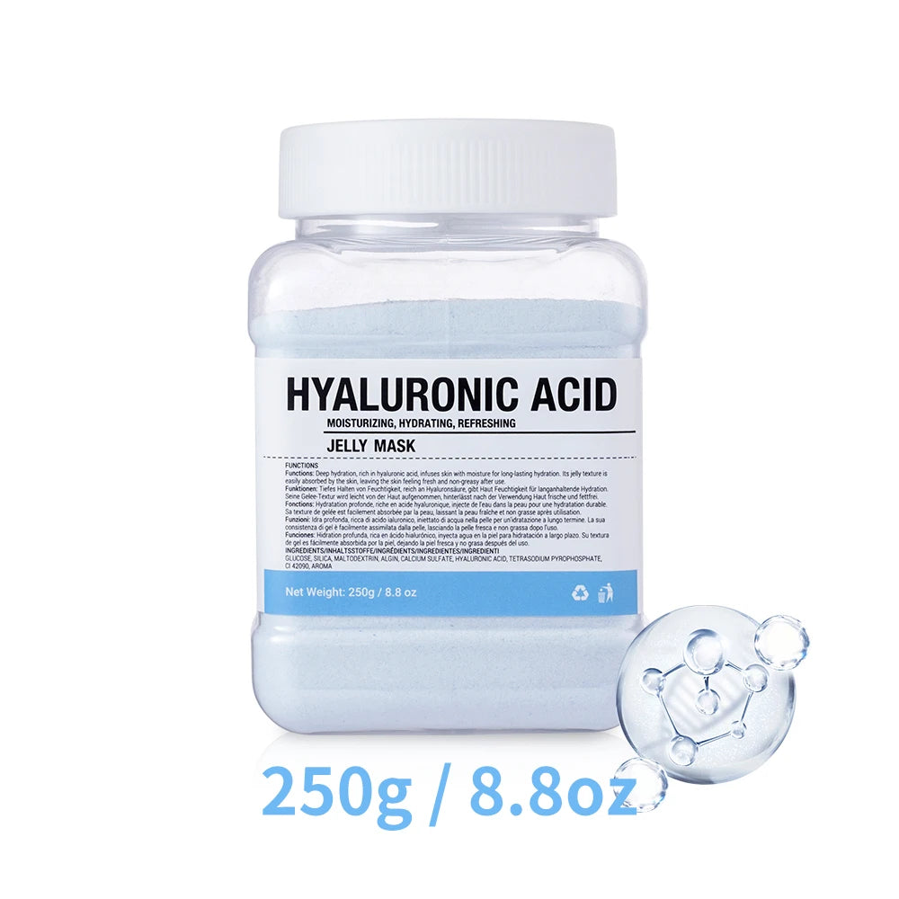 Hyaluronic acid jelly mask packaging with a molecular structure graphic on a white background