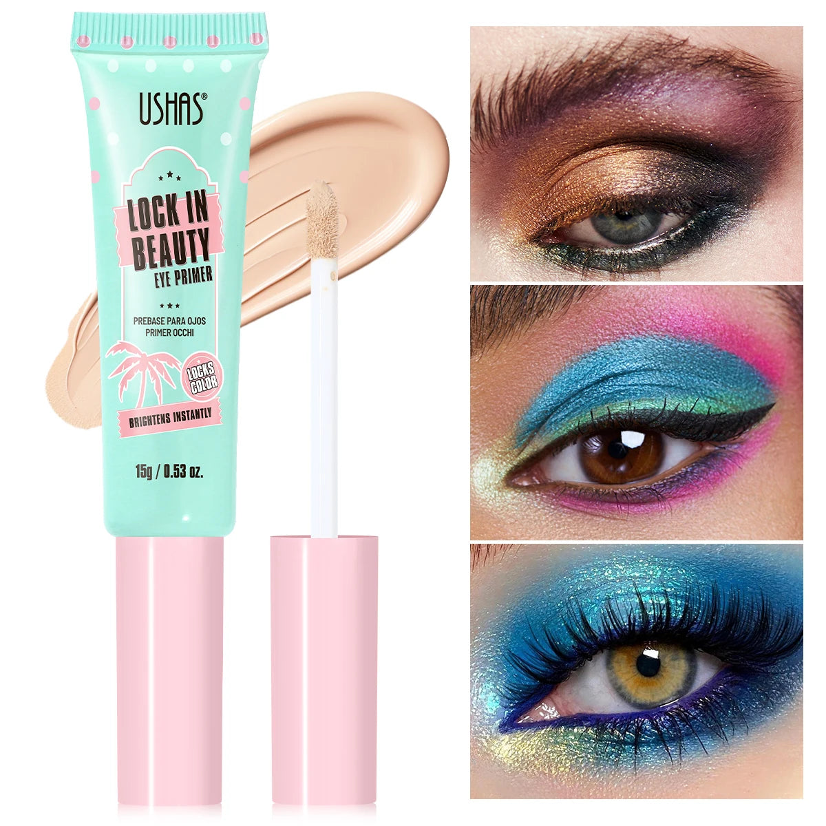 Ushas eye primer with a close-up of eyes wearing colorful makeup.