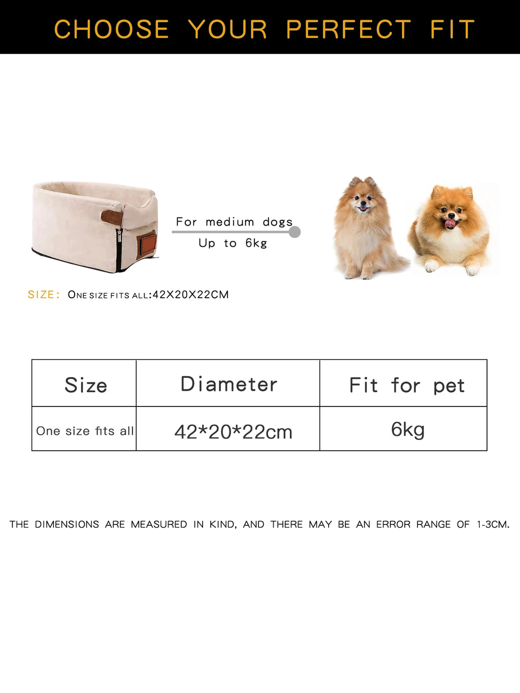 Pet carrier with size chart and dog illustrations on a white background