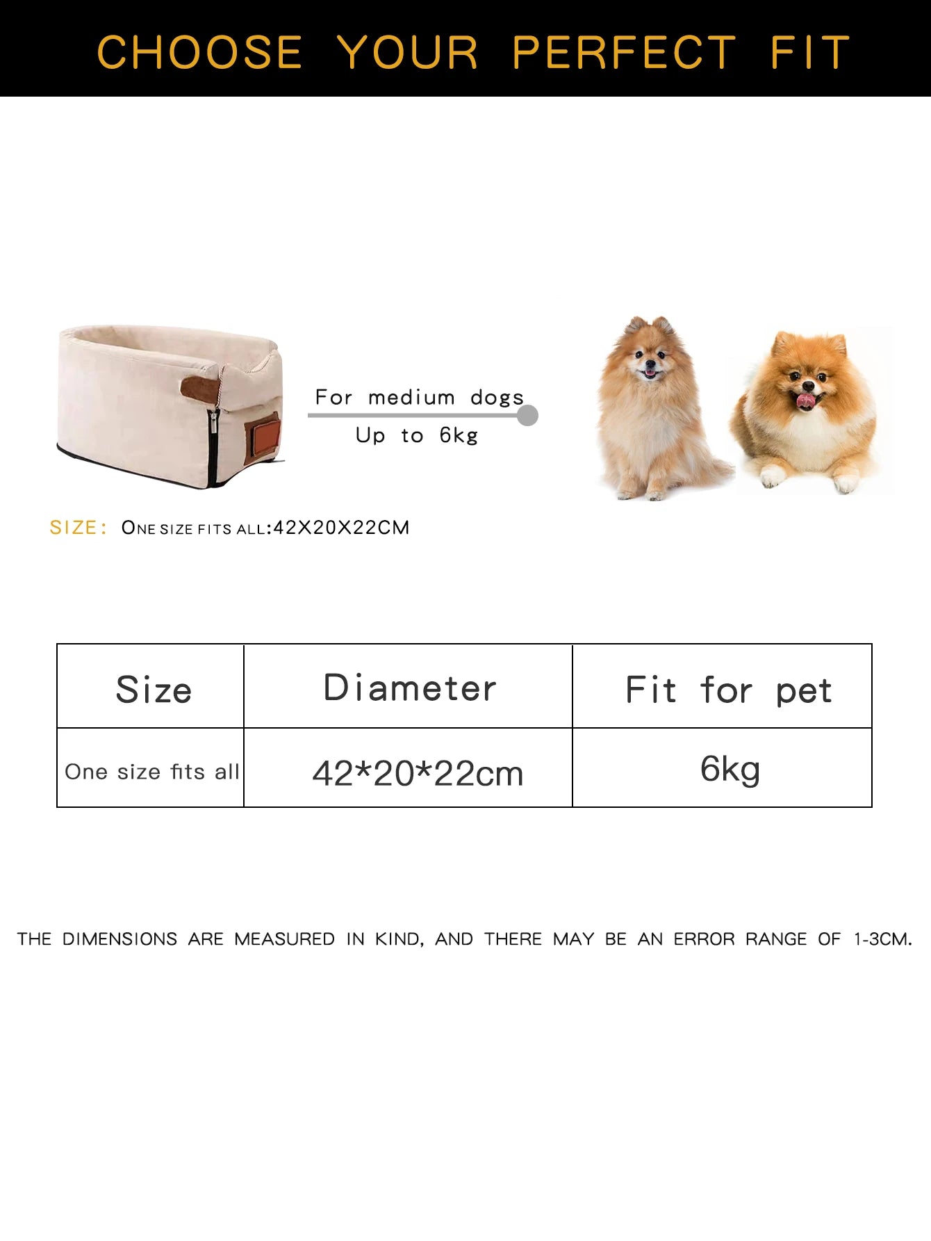 Pet carrier with size chart and dog illustrations on a white background