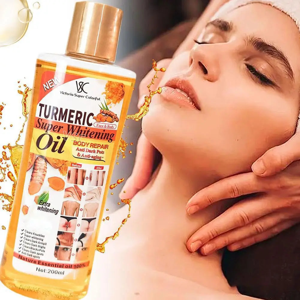 A bottle of Victorino Super Colorful Turmeric Super Whitening Body Repair Oil shown next to a close-up of a woman's face and neck with golden liquid splashes.