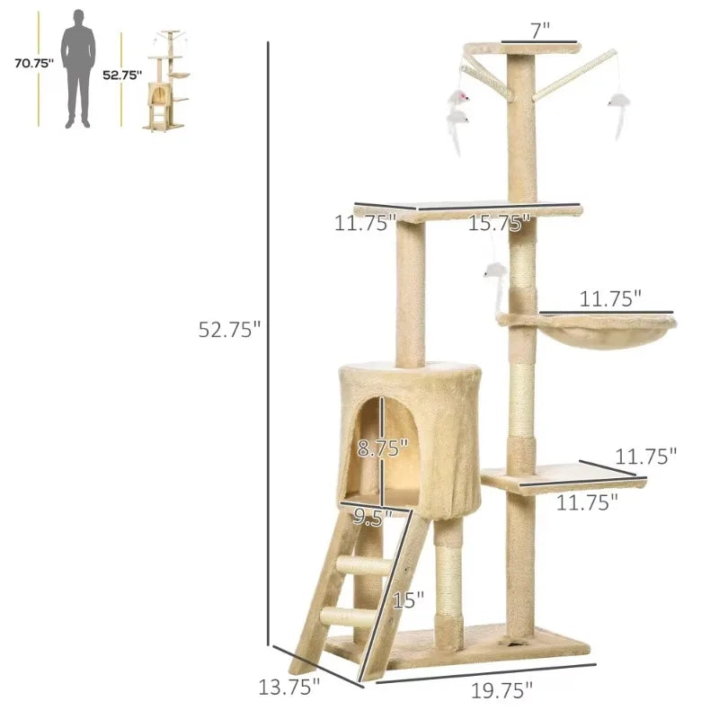 Beige cat tree with dimensions labeled on a white background