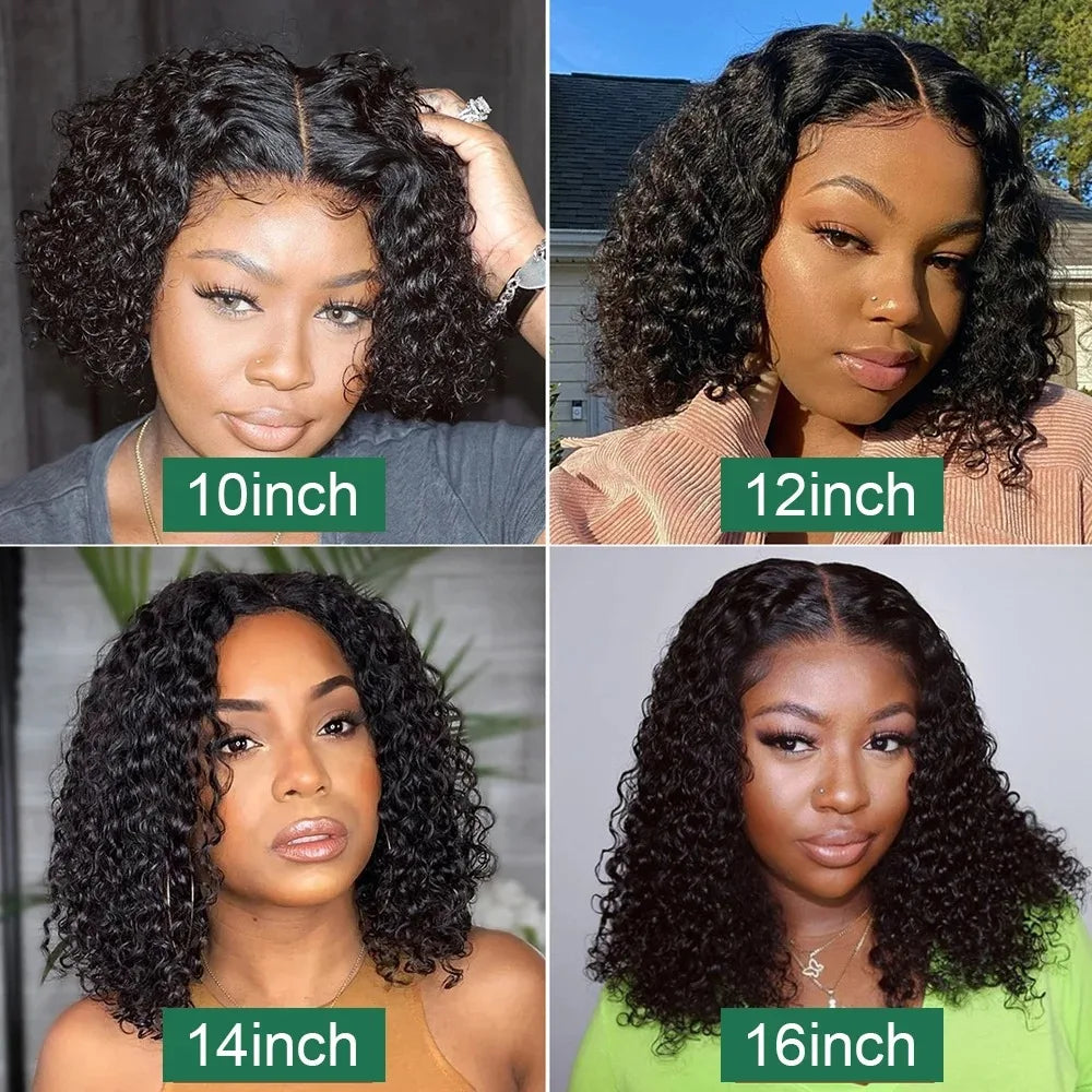 Four images of a woman with styled hair, each labeled with different inch measurements.