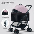 Pink and black baby stroller with detachable car bag and collapsible feature on a light gray background.