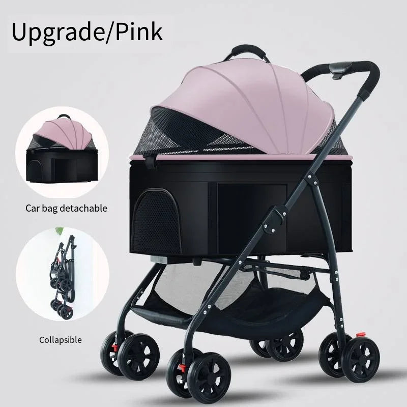Pink and black baby stroller with detachable car bag and collapsible feature on a light gray background.