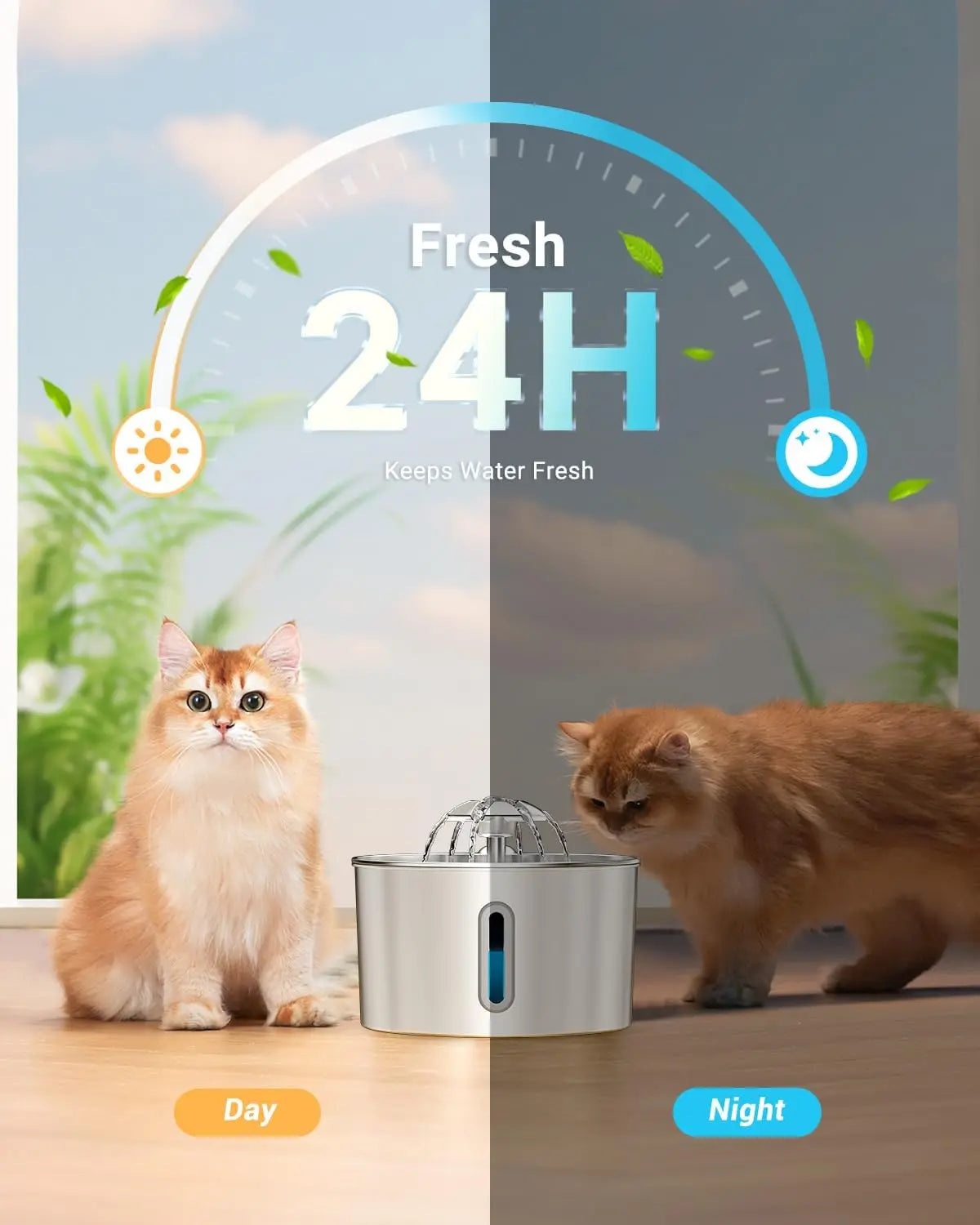 Two cats interacting with a pet water fountain labeled 'Fresh 24H' on a split-screen background.