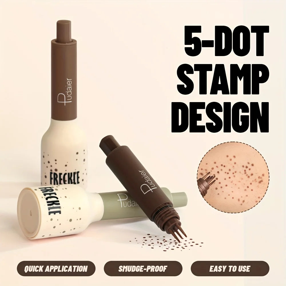 Cosmetic product with 'Freckle' branding and '5-Dot Stamp Design' feature on a beige background.
