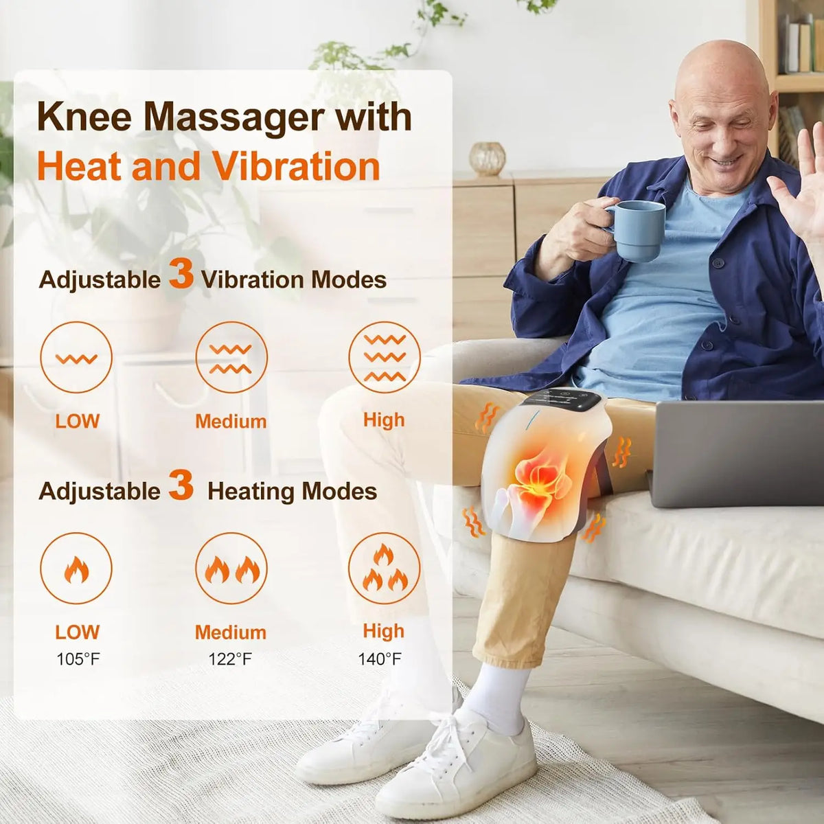 Man using a knee massager with heat and vibration on a couch, with product features displayed.