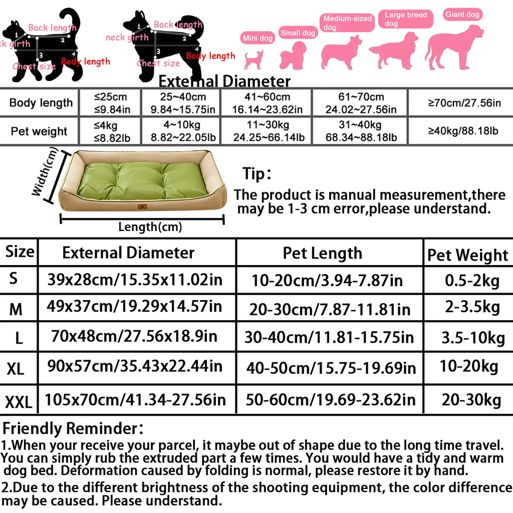 Pet bed size chart with measurements and dimensions for different pet sizes.