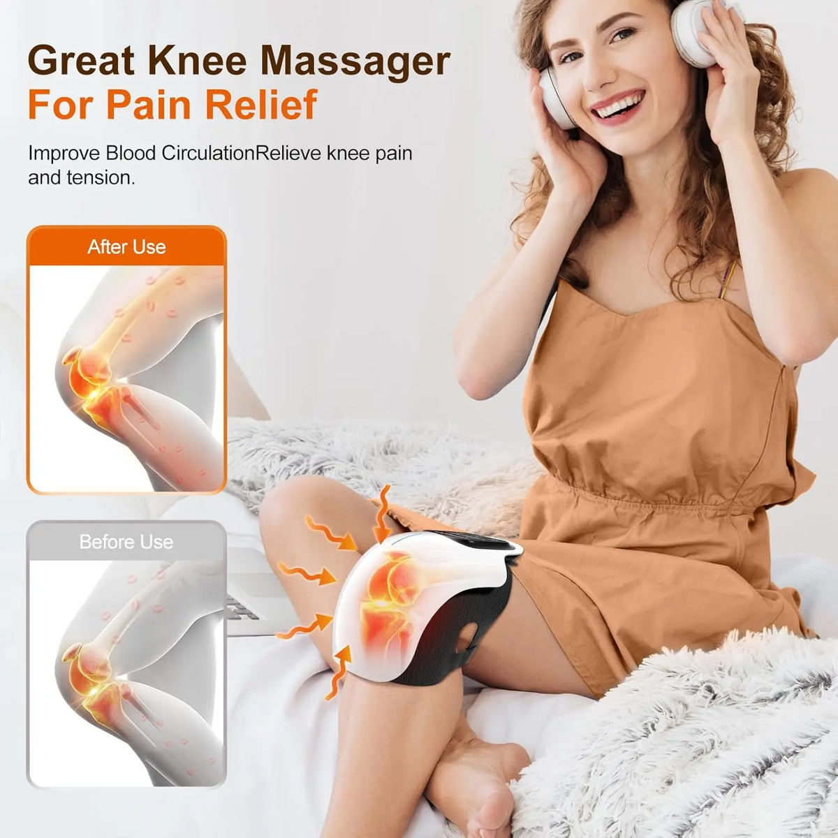 Woman using a knee massager with before and after use illustrations on a white background