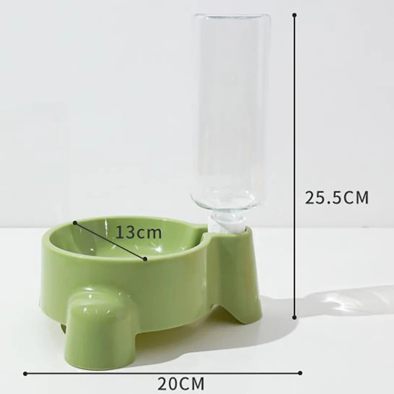 Green pet feeder with dimensions indicated on a white background