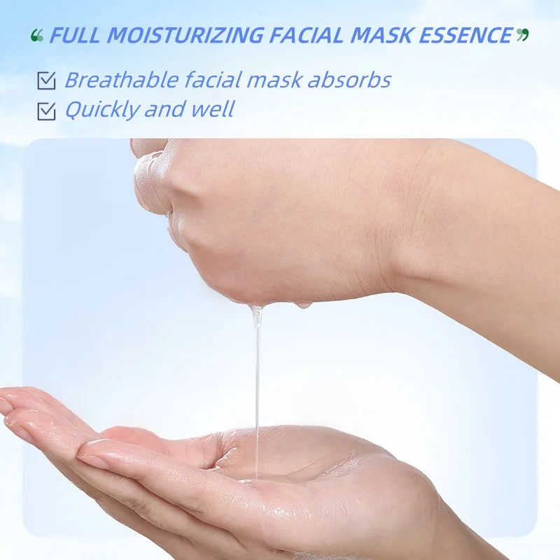 Facial mask essence being dripped from a hand onto another hand against a light blue background