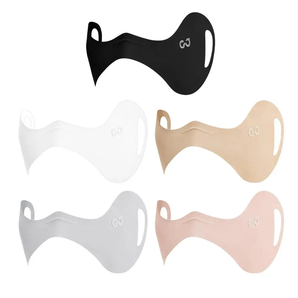 Set of five face mask covers in black, white, beige, gray, and pink on a white background.