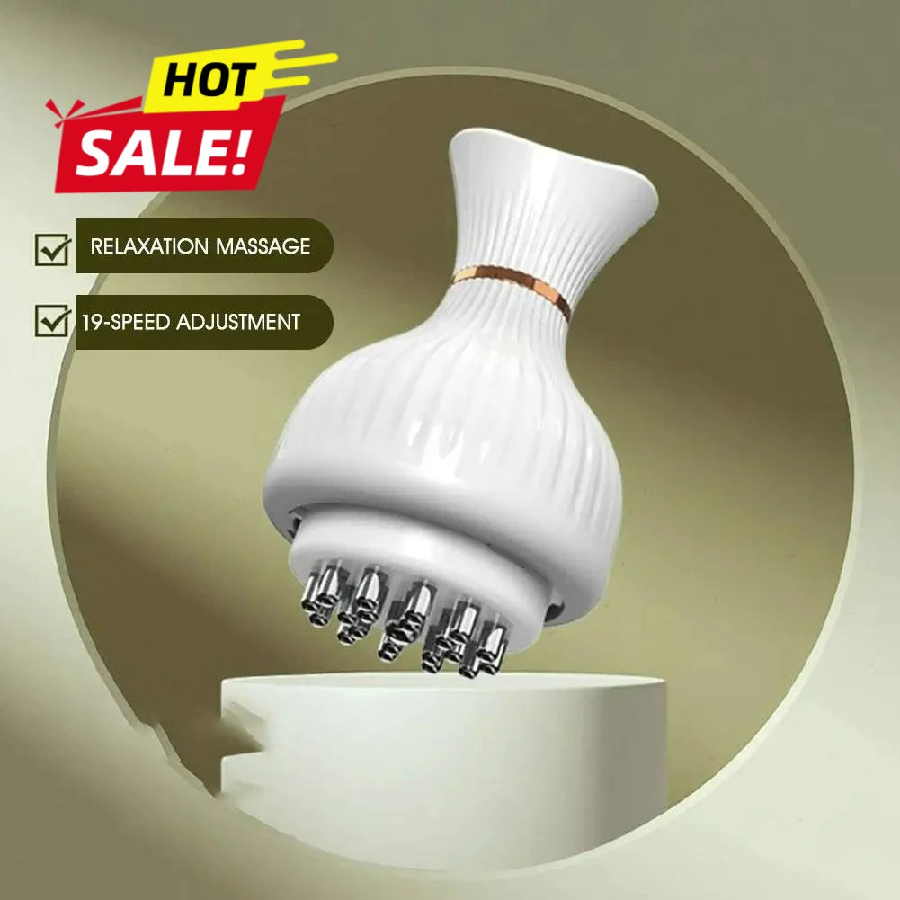 White massage device with text indicating 'Hot Sale', 'Relaxation Massage', and '19-Speed Adjustment' on a beige background.