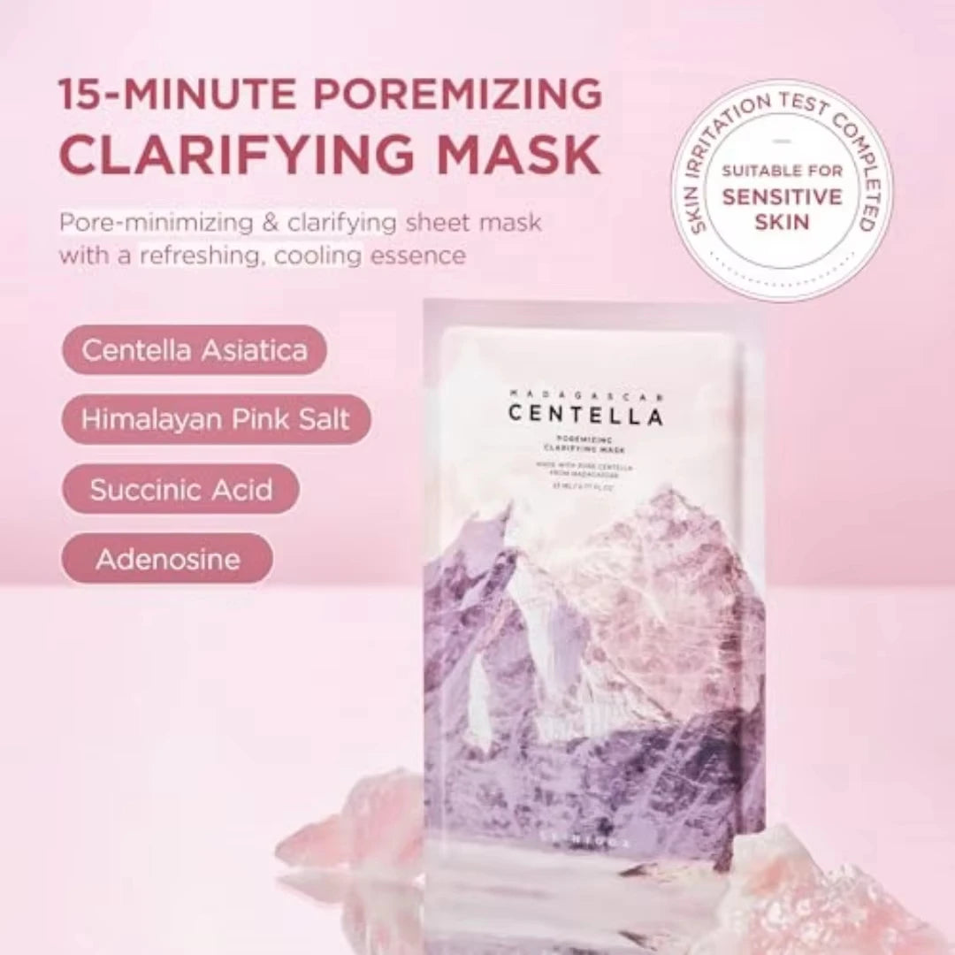 Mandara Centella pore-minimizing clarifying mask packaging on a pink background with product details.